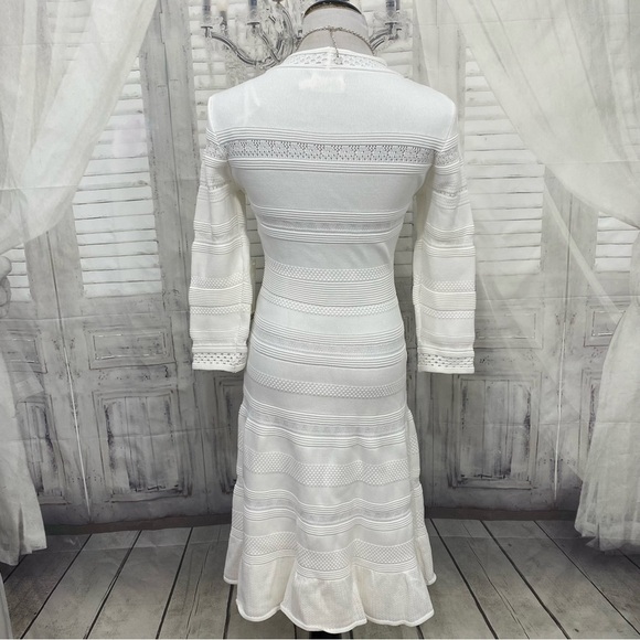 Eliza J Size Small White Pointelle Ruffle Hem Sweater Dress Sleeves Fit & Flare - Picture 6 of 8